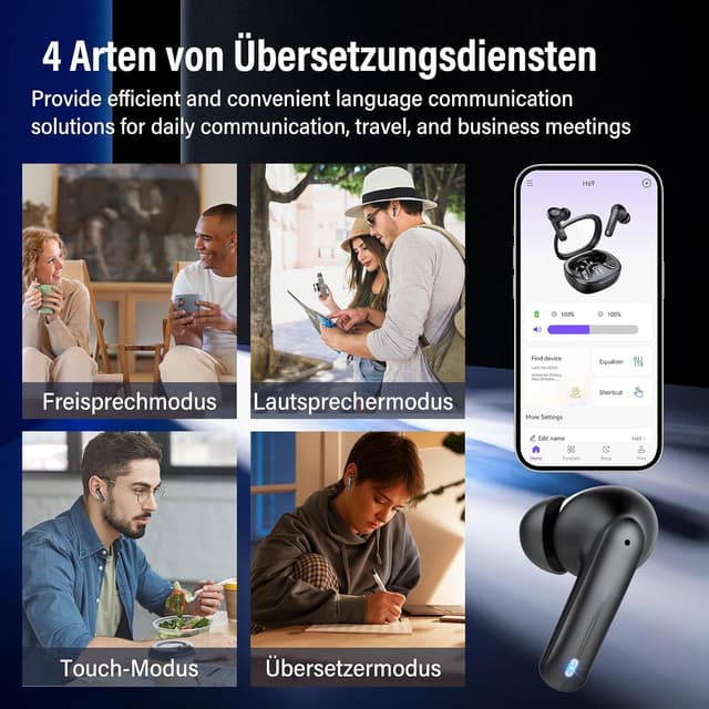 Detalle de AI Kopfhörer Übersetzer 3-in-1 Translator Earbuds mit Bluetooth 5.4 – Schwarz (135 Sprachen)
