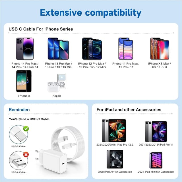 Thumbnail 6 de iPhone Lade-Set (20W) mit MFi-zertifiziertem USB‑C auf Lightning-Kabel – 2er Pack Ladekabel für iPhone 14/13/12/11