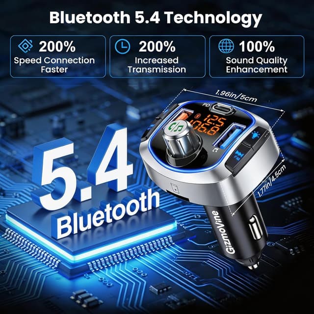Detalle 2 de GizmoVine FM Transmitter for Car with 81W Fast Charge (PD 45W & QC3.0 36W) and Bluetooth 5.4