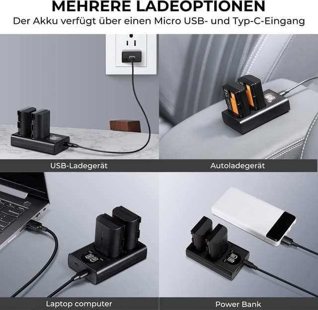 Detalle 2 de K&F CONCEPT LP‑E6NH Kameraakkus (2250 mAh) + USB‑Doppelladegerät Set, 2er Pack für Canon EOS