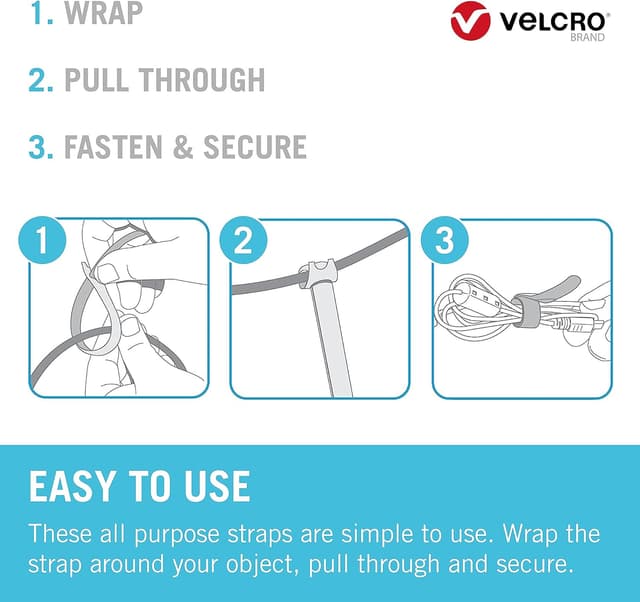 Detalle 2 de VELCRO Brand ONE-WRAP Organiser Hook and Loop Straps (12mm x 20cm) – 60 Pack, Multi-Colour