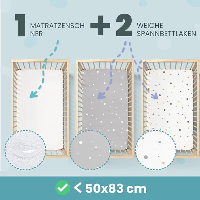 Detalle de Sweety Fox Spannbettlaken-Set 2x Baumwolle + 1x wasserdichter Matratzenschoner (50x83 cm), grau