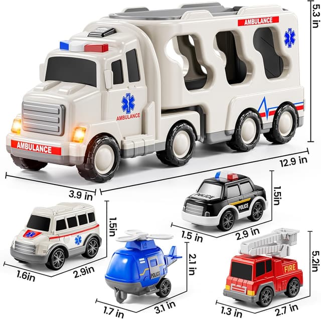 Detalle 2 de JUKUDAHU 5-in-1 Play Ambulance Vehicle Set (Friction-Powered Police, Fire, Ambulance + Helicopter)