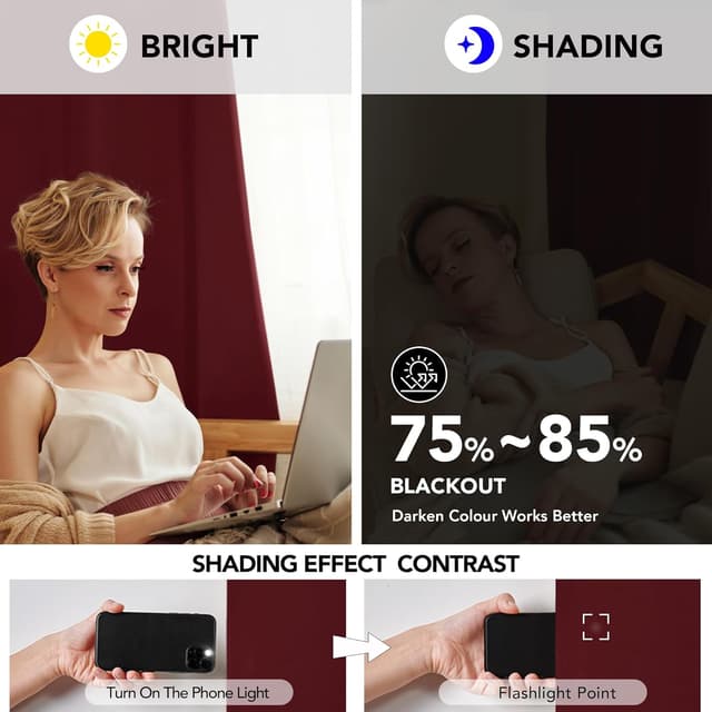 Detalle de Deconovo Verdunkelungsvorhang mit Ösen (2er-Set) – Thermo-Blackout für Wohnzimmer & Schlafzimmer, 290x140 cm, Rot