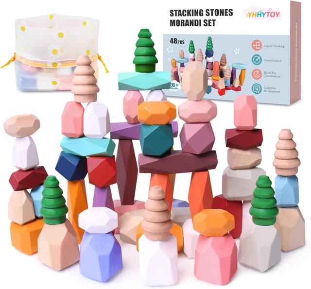 Thumbnail 6 de YHHYTOY 40-Piece Wooden Stacking Rocks Building Blocks (Forest Theme) for Montessori Learning
