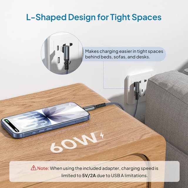Detalle 2 de Elebase 90-Grad Ladekabel für iPhone 17 Pro – 2 m USB-C PD Schnellladekabel mit USB-Adapter