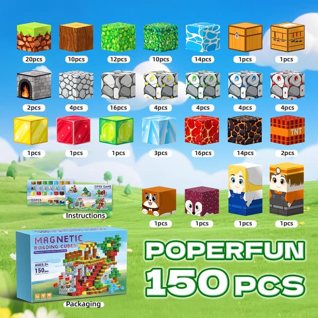 Detalle 2 de POPERFUN Magnetische Bausteine (150 Teile) – Magnetbaukästen für Kinder ab 3 Jahren