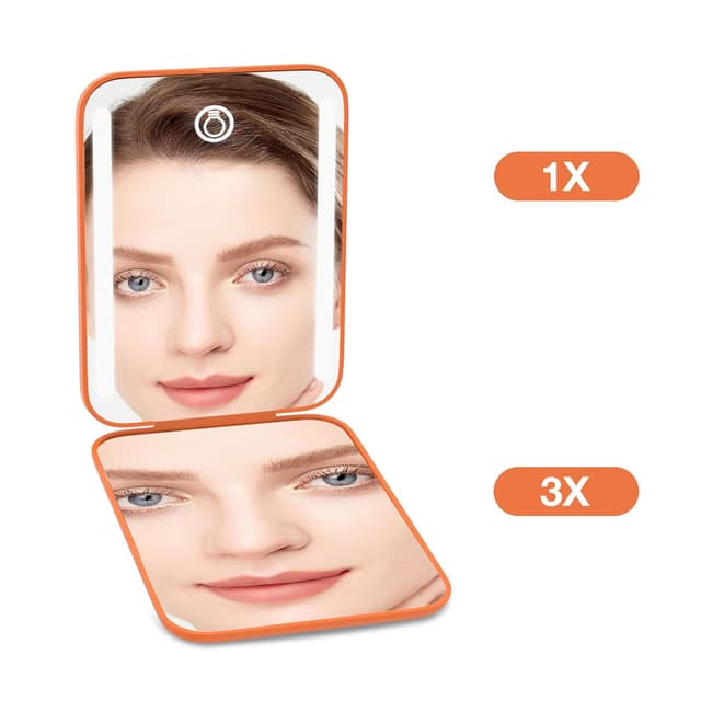 Detalle de Kintion Rechargeable Pocket Mirror (Double-Sided 1X/3X) with 3 Color Lights, Dimmable—Orange