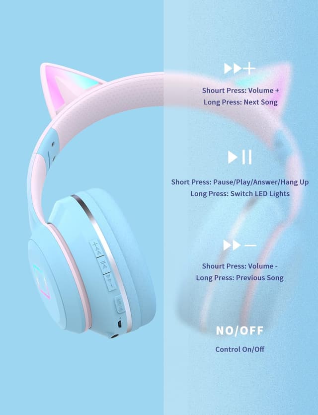 Detalle 2 de Xunpuls Bluetooth Kids Headphones with Cat Ear LED, Foldable Wireless Over-Ear (Blue)