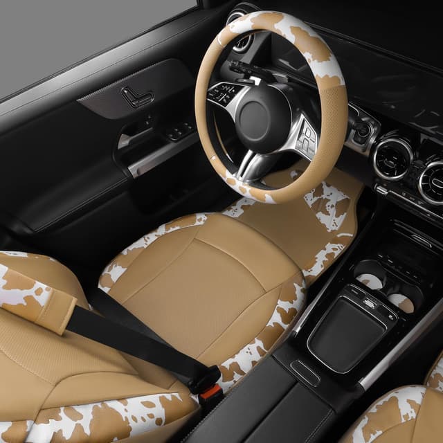 Detalle 2 de CAR PASS Cow Print Faux Leather Car Seat Covers & Car Mats Set (Beige)