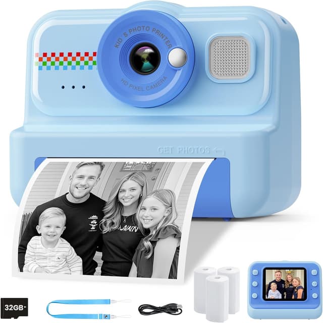 Detalle de HiMont Kinderkamera Sofortbildkamera (1080P) mit 32GB-Karte & 3 Rollen Druckpapier – Blau