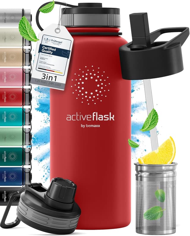 Detalle de ACTIVE FLASK Trinkflasche aus Edelstahl mit Strohhalm-Verschluss (3 Deckel), BPA-frei, auslaufsicher