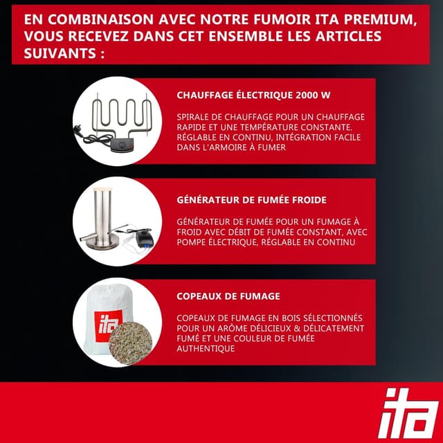 Detalle 2 de ITA Fumoir Électrique 7000 : ensemble smoker à 3 niveaux avec chauffage, générateur de fumée et fenêtre