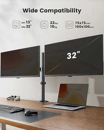 Detalle de ErGear soporte doble para 2 monitores de 13 a 32” (VESA 75x75 / 100x100) con brazo articulado y hasta 8 kg por brazo