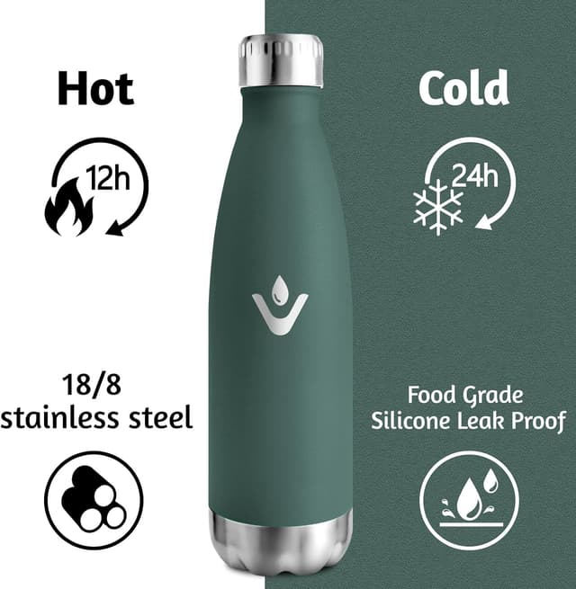 Detalle de Motswedi Borraccia Termica Bambini da 500 ml in acciaio inox 18/8 a doppia parete, verde militare