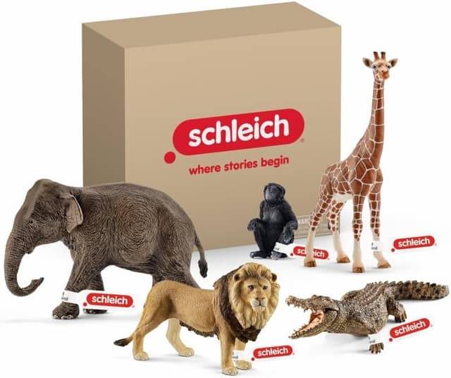 Detalle de Schleich Wild Life Coffret Animaux Sauvages 72286 avec lion, girafe, crocodile, singe et éléphant