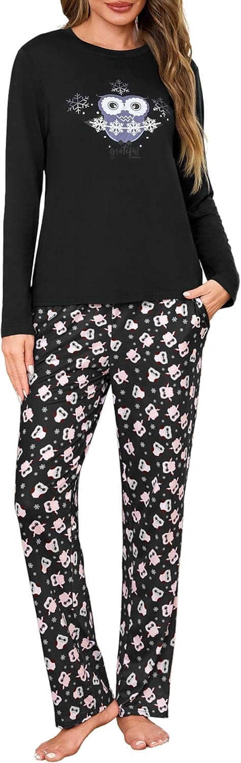 Detalle de Demegimi Damen-Schlafanzug Lang Pyjama aus Baumwolle Winter mit Rundhalsausschnitt und Schneeflocken-Design