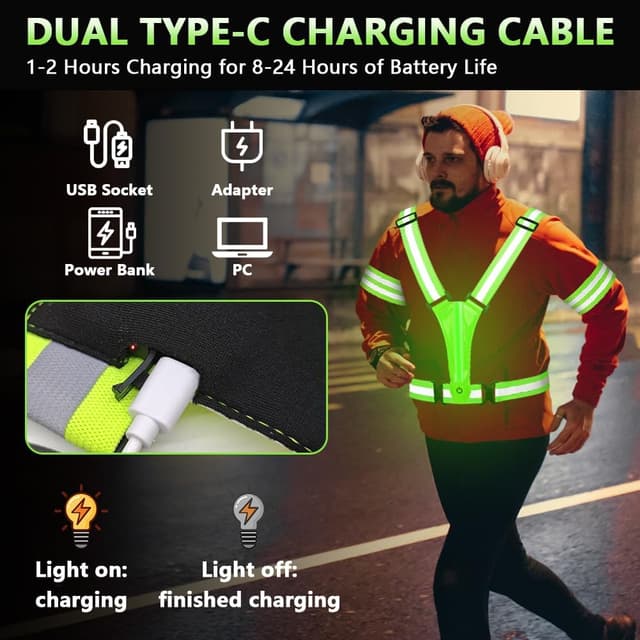 Detalle de Adiwo LED Reflective Running Vest with 8 Light Colours, USB-C Rechargeable