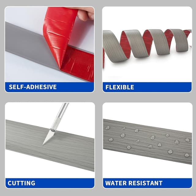 Detalle de Zayejod 6m Self-Adhesive PVC Floor Transition Strip (Laminate Edge Trim, 5cm) – Grey Wood Grain