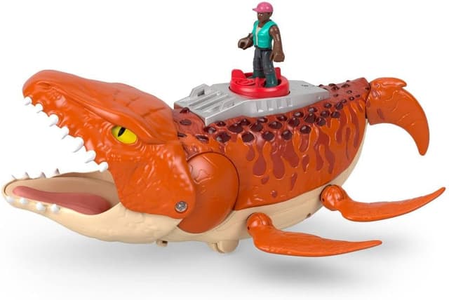 Detalle de Fisher-Price Imaginext Jurassic World Rebirth Aquachomp Mosasaurus playset (18-inch) with 3-inch action figure, launcher boat & projectiles