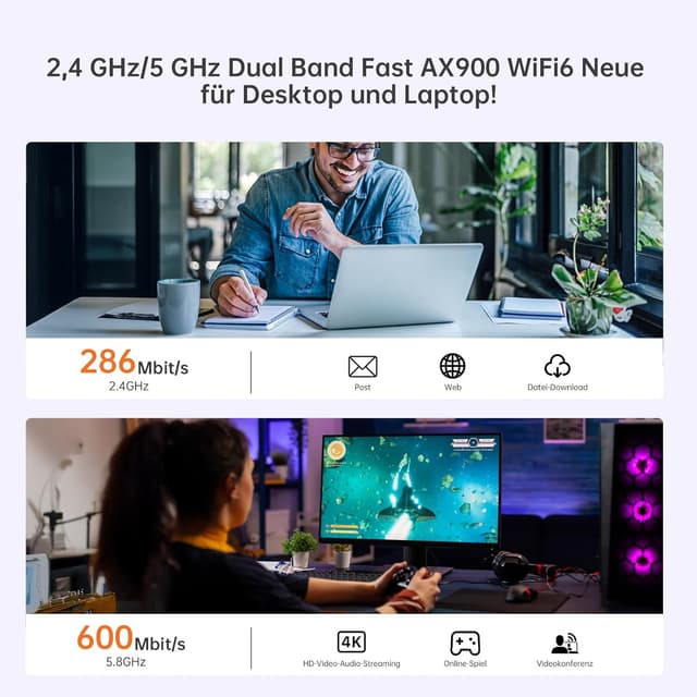 Detalle de PLERY 2-in-1 WLAN-Stick für PC (WiFi 6 AX900 + Bluetooth 5.3) USB-Adapter, Dualband 2,4/5 GHz, WPA3, mit 2x 6dBi-Antennen