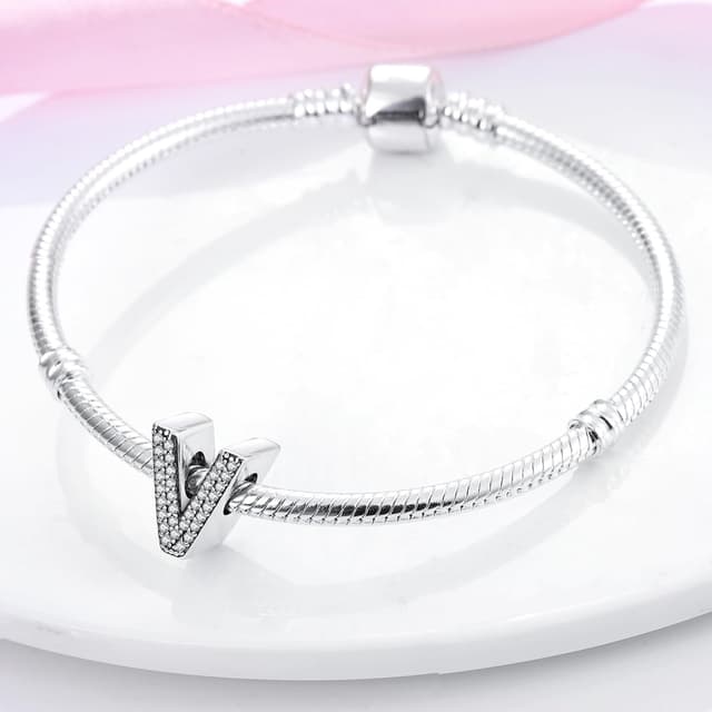 Detalle de FLUFLO Charm Anhänger A–Z aus 925 Sterling Silber mit Zirkonia – Buchstabe A bis Z für Armband und Kette (kompatibel zu europäischen Charms) Z222