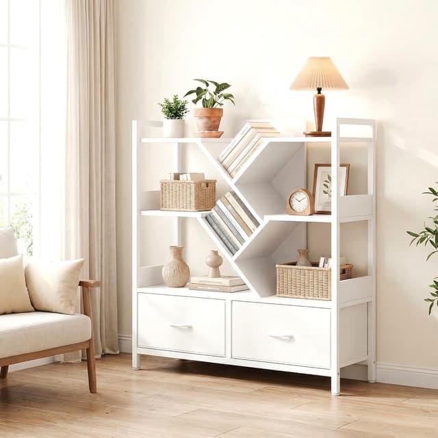 Detalle 2 de IRONCK Bookcase with 2 Drawers, Metal Frame Storage Shelf on Wheels (100x32x100cm) – White