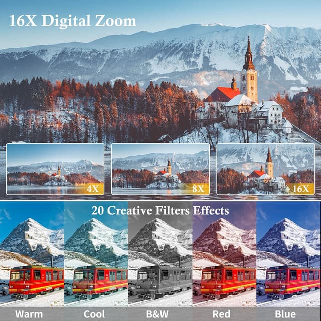 Detalle de ToAuite 4K UHD 48MP Dual-Lens Digital Camera with Dual Lens Autofocus, 16X Zoom and 32GB Card