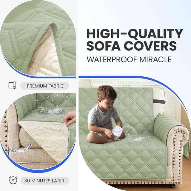 Detalle de Ystyle copridivano impermeabile trapuntato 3 posti con braccioli, antigraffio e antiscivolo, verde menta