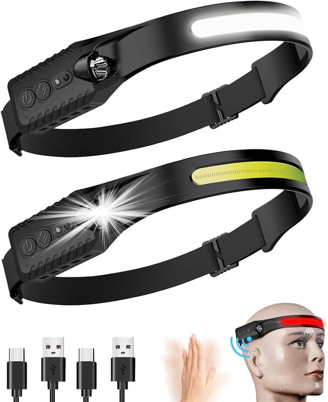 Detalle de Coyonce Bright LED Headlamp 2 Pack – Rechargeable Motion Sensor Head Torch with 230° Tilt, 7 Modes & IPX4