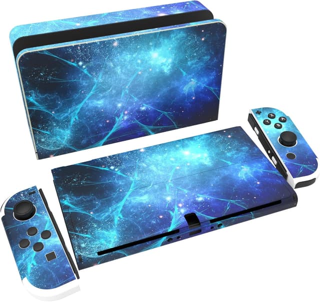 Detalle de playvital Full Set Protective Stickers for Nintendo Switch OLED (Blue Nebula) – vinyl decal skins for console, Joy-Con, dock & grips