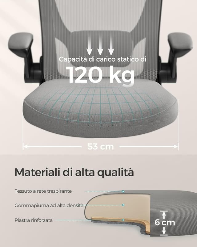 Detalle 2 de Sedia da ufficio SONGMICS OBN037G01 ergonomica con schienale a S, supporto lombare e braccioli pieghevoli