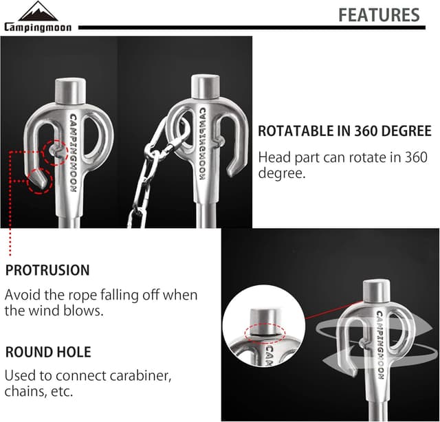 Detalle 2 de camping moon CAMPINGMOON 17-inch K45 360° Swivel Dog Tie Out Stake in 420J2 Stainless Steel