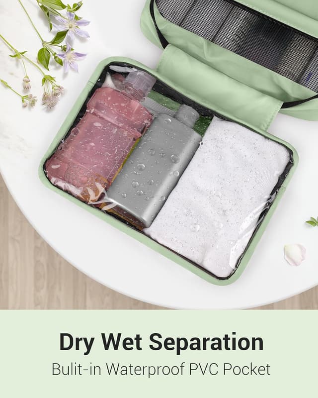 Detalle 2 de Maliton Hanging Toiletry Bag (Large) with 4 Compartments – Foldable Wash Bag in Light Green