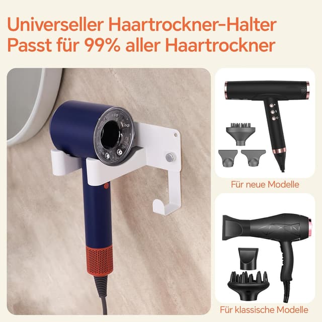 Detalle de CHOCHYAH Föhn Halterung ohne Bohren aus SUS304-Edelstahl – Wandhalterung für die meisten Haartrockner (weiß)