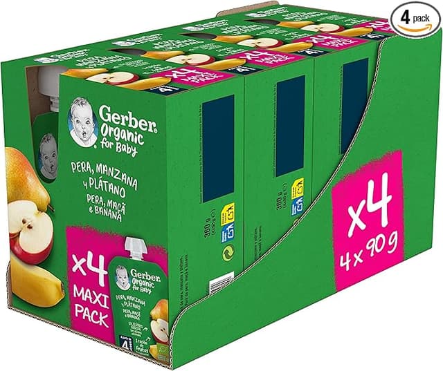 Imagen de Gerber Organic Pera, Manzana y Plátano, Bolsitas 4x90g 🍎 en OfertitasTOP