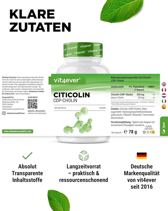 Detalle de vit4ever CDP-Cholin (Citicolin) 250 mg – 180 Kapseln, vegan
