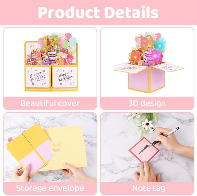 Detalle de Carte d’anniversaire 18 ans OFFCUP pop-up 3D musicale avec bougie à souffler et enveloppe (rose)