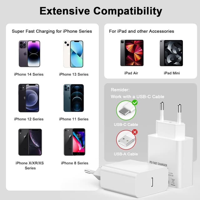 Detalle de Chargeur Rapide iPhone 14/13 Pro Max 4-Pack USB‑C PD 20W Apple MFi (câbles Lightning 2 m)