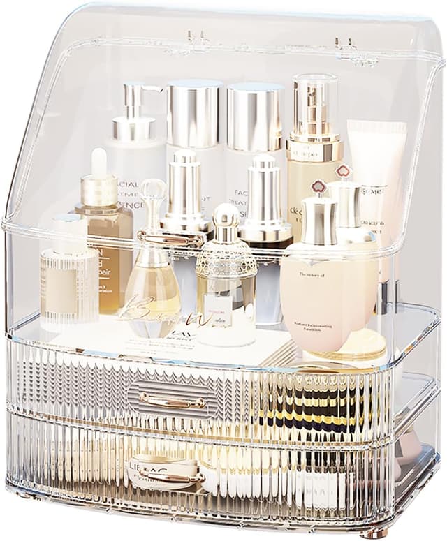 Detalle de Lurcns Makeup Organiser with Drawers (Clear Lid) for Vanity, Bathroom Countertop & Skincare Storage