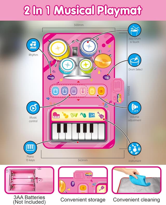 Detalle 2 de DQMOON Musical Mat with Piano & Drum (Adjustable Volume) for 12–18 Months, Pink