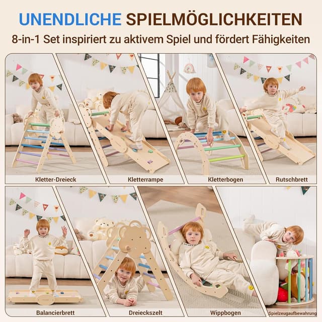 Detalle 2 de COSYLAND Indoor Klettergerüst L – Großes Kletterdreieck Set mit Kletterbogen & Rutsche (8-in-1) für Kinder ab 18 Monaten