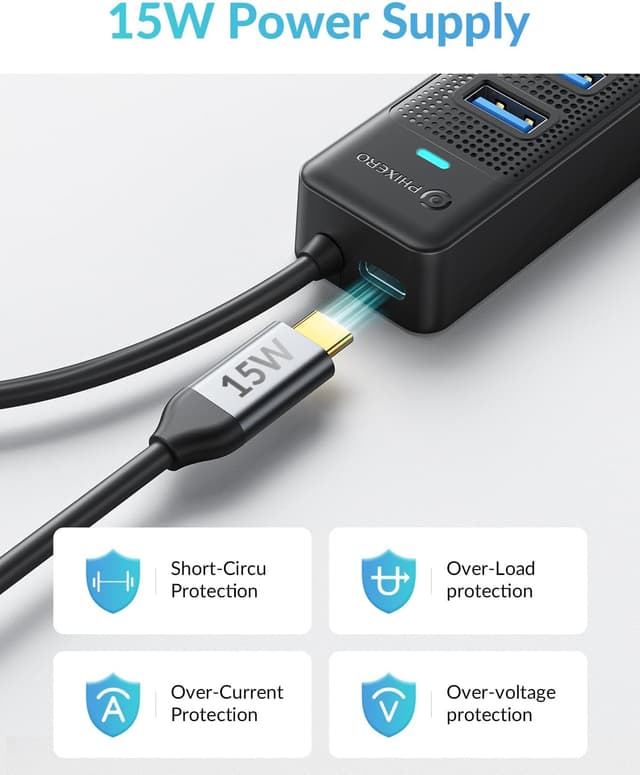 Detalle de PHIXERO 7-Port USB 3.0 Hub mit 100 cm Kabel (5 Gbit/s, 7 Anschlüsse)
