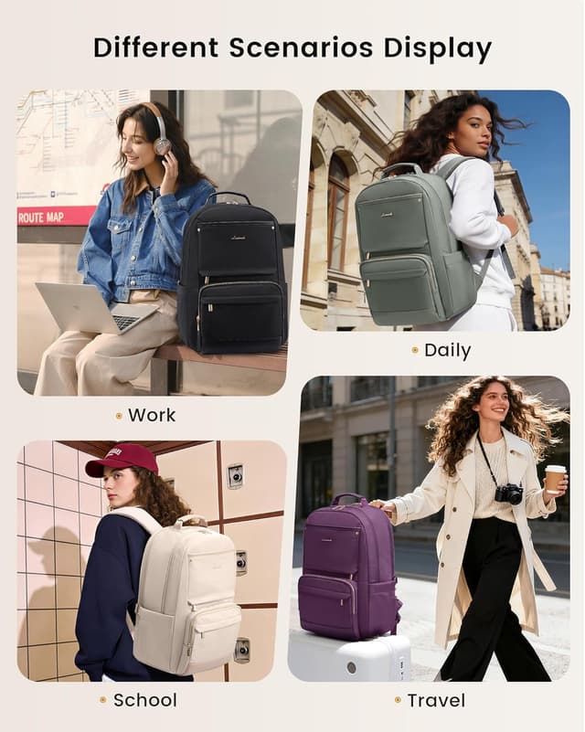 Detalle 2 de LOVEVOOK Damen-Rucksack für 15,6 Zoll Laptop – wasserdicht, mit gepolstertem Fach & Seitentasche für Trinkflasche