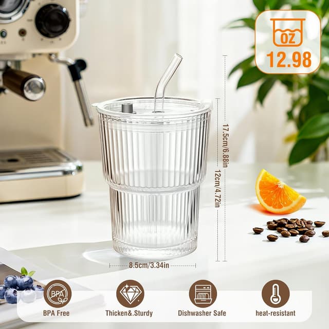 Detalle de YupURStyle 13oz ribbed glass tumbler set (4 pack) with straw and leakproof lid, insulated-style travel cup for iced drinks