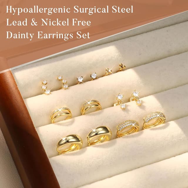 Detalle 2 de Roheafer 7 Paar Ohrringe-Set: 14K vergoldete Creolen & flache Ohrstecker aus 316L-Edelstahl für Damen