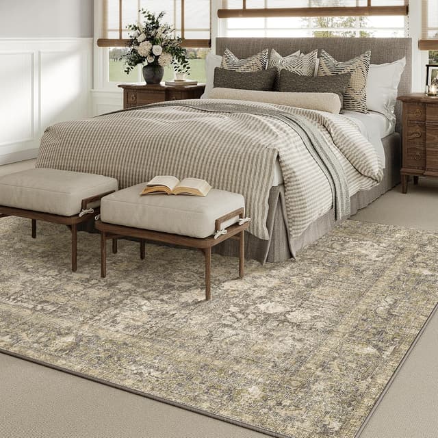 Detalle de HUGEAR Vintage brauner waschbarer Teppich (180x270 cm) mit Retro-Tribal-Muster – rutschfest und pflegeleicht