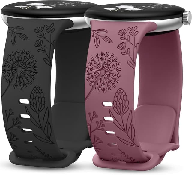 Detalle de TOYOUTHS 2-Pack Floral Engraved Strap for Google Pixel Watch (41mm) – Black/Violet Smoke