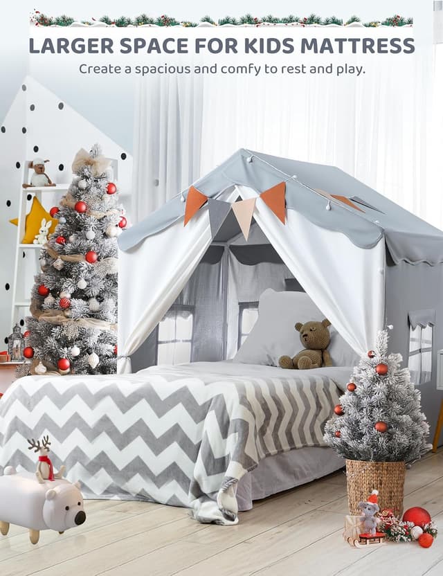 Detalle 2 de besrey 2-in-1 Kinderzelt Indoor „Spielhaus“ mit Matte (130 x 90 x 130 cm), Spielzelt/Bettzelt für drinnen ab 3 Jahren – Grau