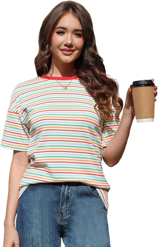 Detalle de Cuptacc Damen Oversize T-Shirt mit Rundhals und Streifenmuster – Kurzarm-Tunika im Sommerlook